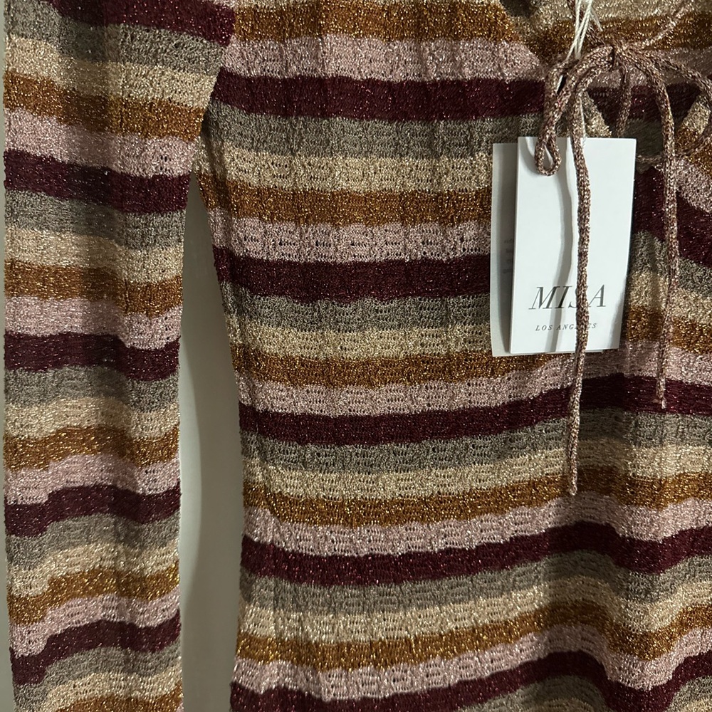Misa Los Angeles Striped Long Sleeve Dress - Burgundy, Gold, and Beige